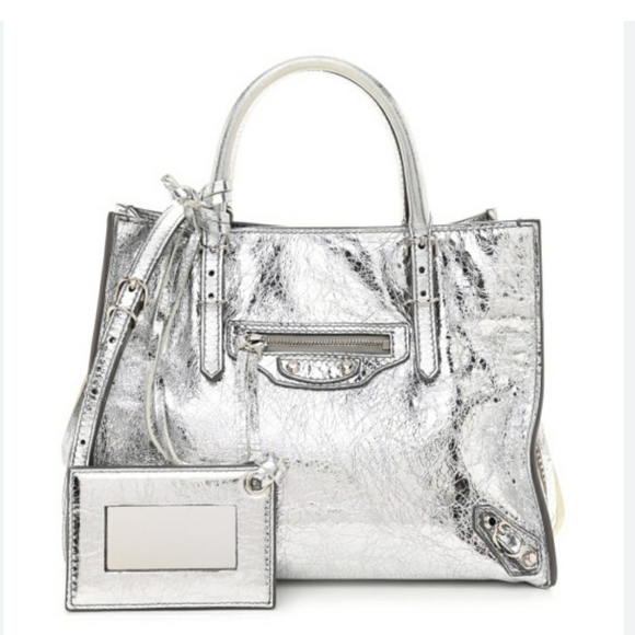Balenciaga Handbags - BALENCIAGA Metallic Calfskin Papier Mini A4 Tote Silver